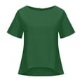thumbnail image 4 of Quinlirra T shirts for women Womens Solid Color Cotton Linen Shirt With Irregular Hem Short-sleeve Patchwork Loose Round Neck Top, 4 of 5