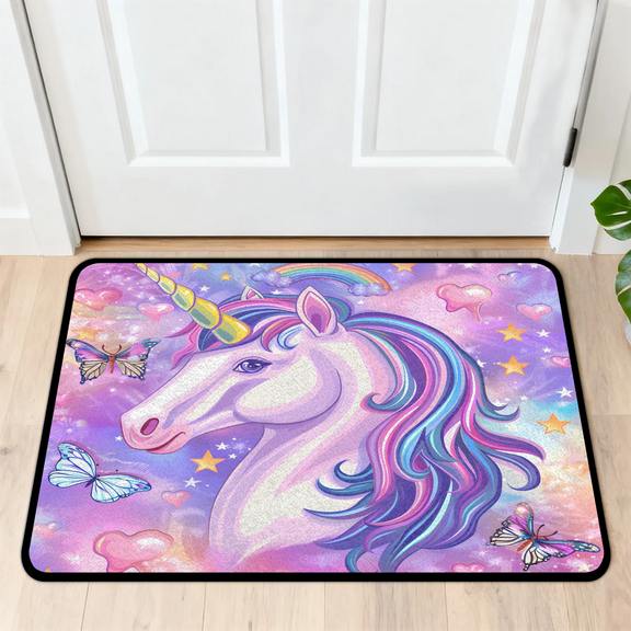 CURLYOOT Unicorn Butterfly Indoor Doormat, Non-Slip Absorbent Door Mat 24" x 16", Entrance Floor Mat Washable Entry Doormats for Entryway Front Back Door