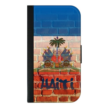Haiti Flag Wall Art Brick Print Design - Wallet Style Cell Phone Case with 2 Card Slots and a Flip Cover Compatible with the Apple iPhone 6 Plus and 6s Plus