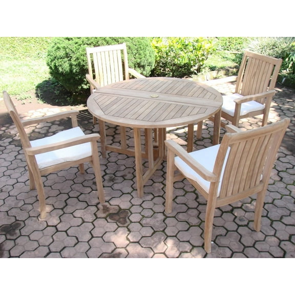 Teak Dining Set:4 Seater 5 Pc - 48" Round Butterfly Table And 4 Cahyo Stacking Arm Chairs Outdoor Patio Grade-A Teak Wood WholesaleTeak #WMDSCH1