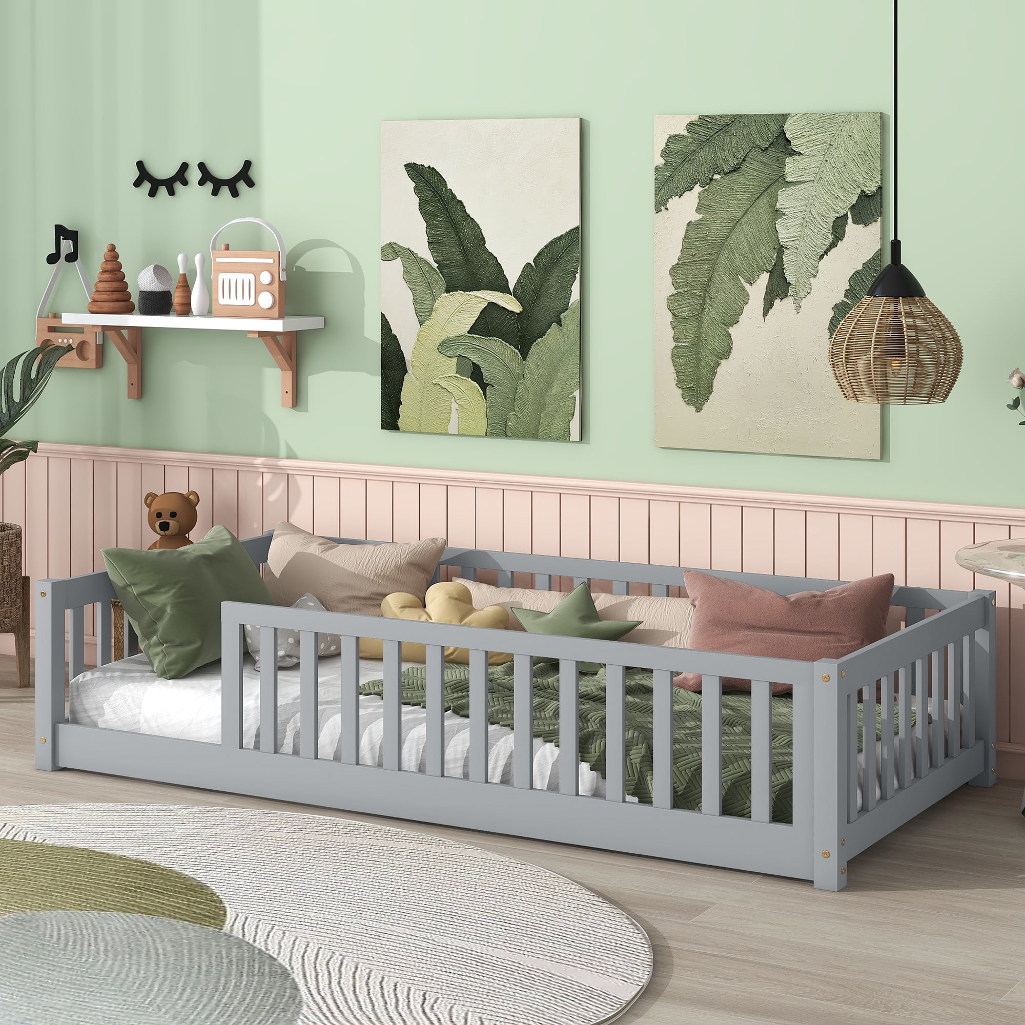 PORKISS Twin Floor Bed with Guardrails, Gray Montessori Floor Bed Frame for Kids, Wood Toddler Bed Frame with Slats, Low Profile Kids Bed, Open Entry, No Box Spring Needed