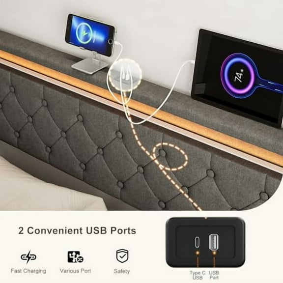 Full Size Headboard with LED Lights & 2 USB Ports, Adjustable Height, Modern Upholstered Linen Full Headboard Only, Button Tufted Design, Easy Assembly - Dark Grey