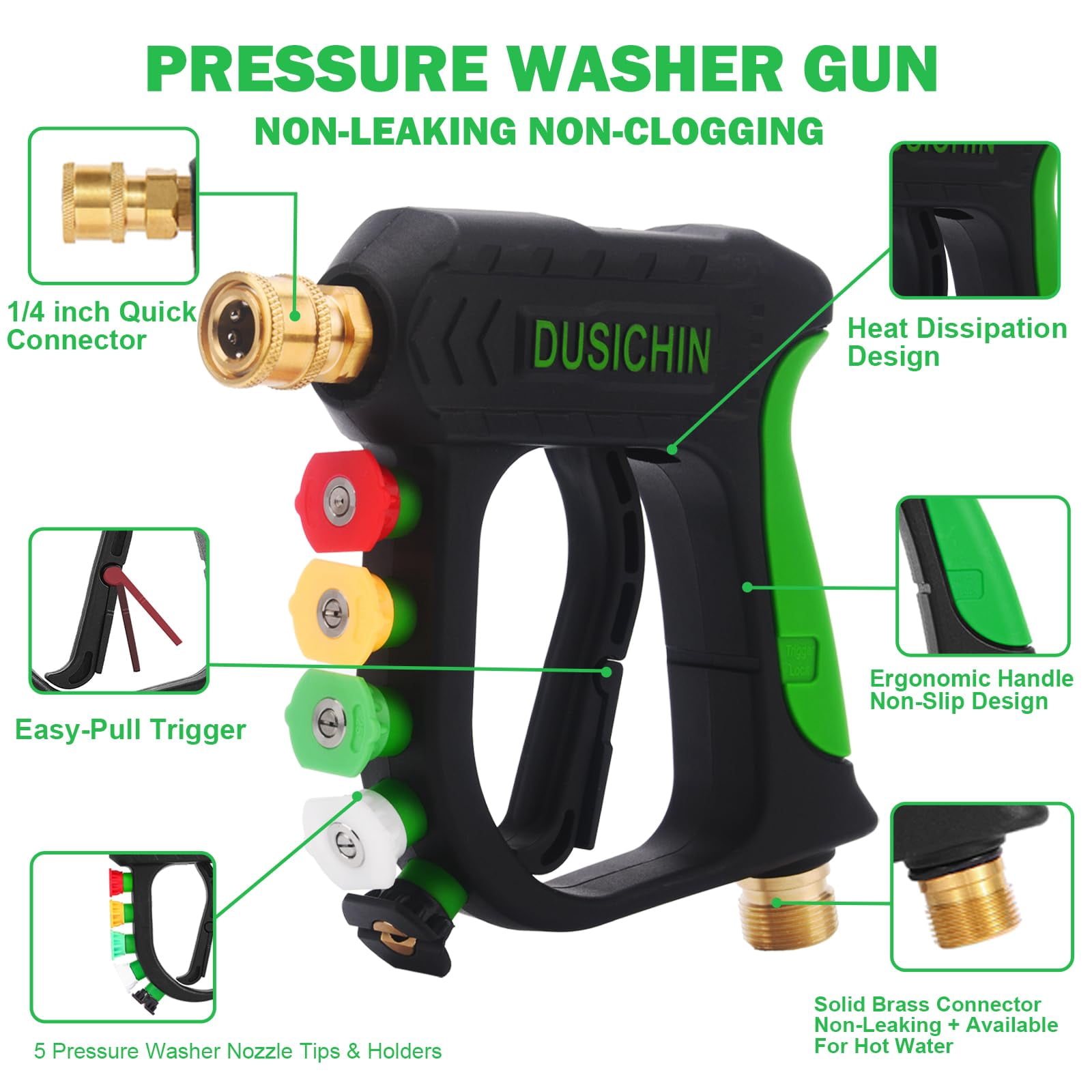 DUSICHIN Short Pressure Washer Gun with Foam Cannon,Dual Connector Accessory, Car Wash Foam Cannon Kit 1/4 Inch Quick Connector, 5 Pressure Washer Nozzle Tips,Double Tip End For Soap Cannon DUS2703