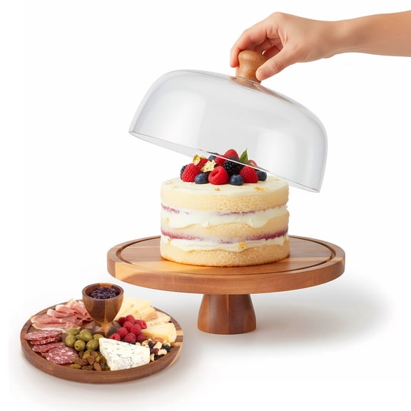 Doulami 12 Inch Cake Stand with Glass Dome, Wooden Cake Display Stand, Multifunctional Serving Tray for Dessert Fruit Salad