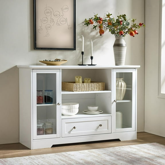 Farmhouse Buffet, Sideboard Cabinet Large Storage with 2 Drawers, Open Shelves, Anti-Tip Design, White Oak MDF, 51 Inch W