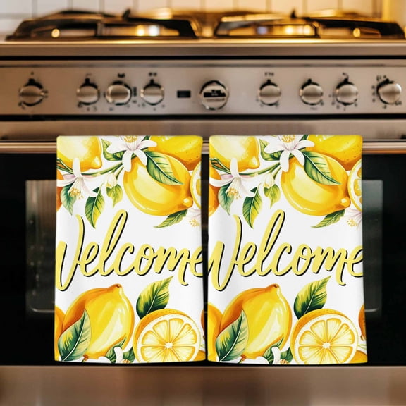 Yellow Lemons Kitchen Towels Set of 4, Summer Fruits Leaves Pastoral Botanical Absorbent Dish Towels for Kitchen, Microfiber Hand Towel, Quick Drying Tea Towel for Cleaning Decorative Dishcloths