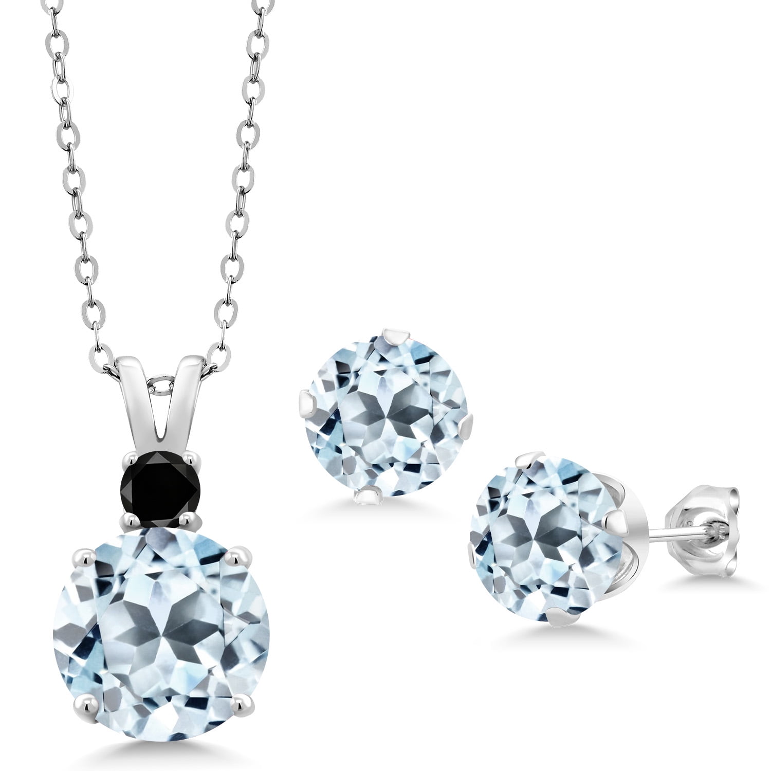Gem Stone King 925 Sterling Silver Sky Blue Topaz and Black Diamond Pendant and Earrings Jewelry Set for Women (14.47 Cttw, Round 10MM, Gemstone November Birthstone, with 18 inch Silver Chain)
