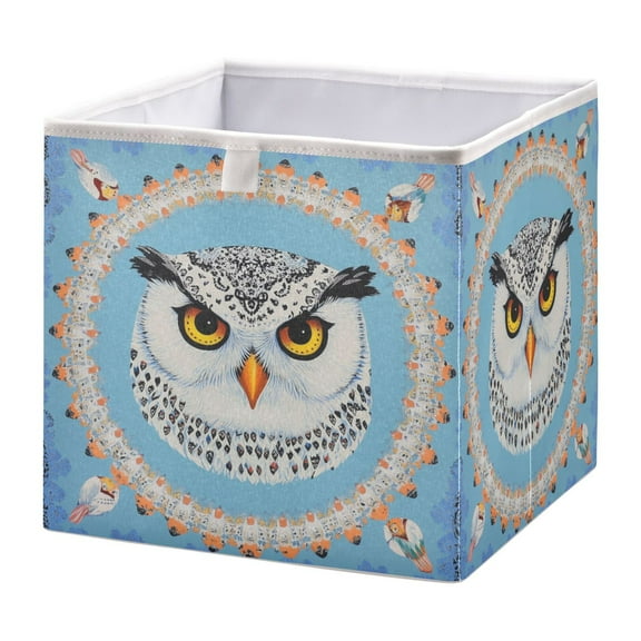 WOBOGO White Owl Pattern Storage Basket Foldable Easy to Clean Durable with Hollow Support Plate with Handle 11.02×11.02×11.02 in