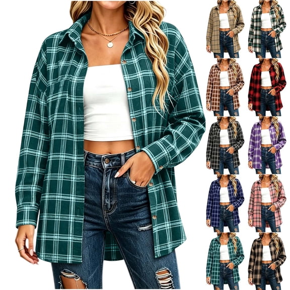 Akmaiox Plaid Flannel Shirts for Women,Long Sleeve Lapel Button Down Shirts,Dressy Casual Business Work Blouses,Mint Green XL