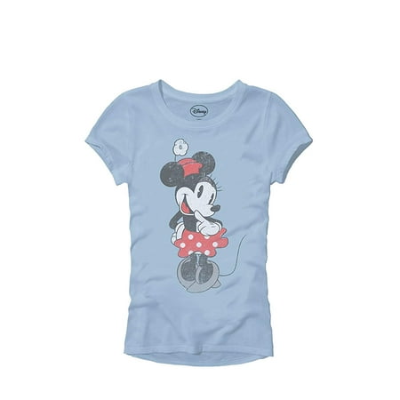 Disney SHY Minnie Mouse Classic Vintage Disneyland World Adult Women's Juniors Slim Fit Graphic Tee T-Shirt Apparel Blue