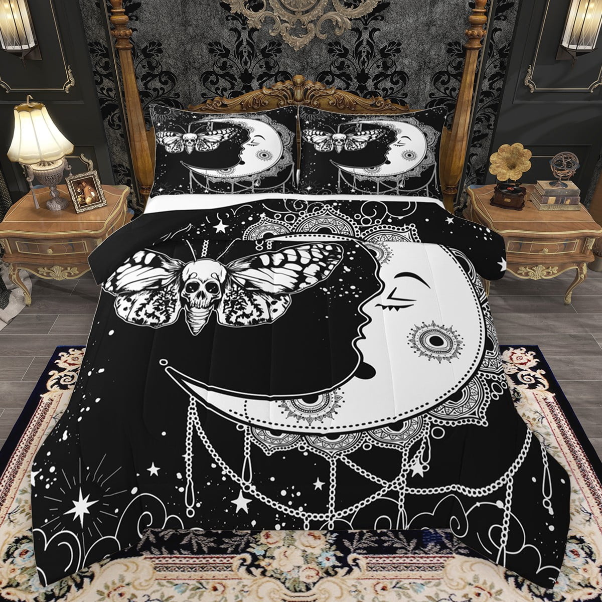 Castle Fairy Kids Teens Gothic Moth Skull 3 Pieces Queen Comforter Set Black White Ultra Soft Bedding Sets Galaxy Universe Moon Stars Bedding Comforter Set Breathable Lightweight Room Decor