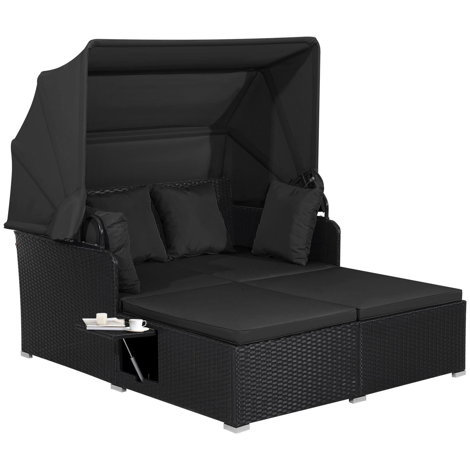 Hommoo Patio Rattan PE Wicker Daybed Lounge with Retractable Canopy and Side Tables, Black