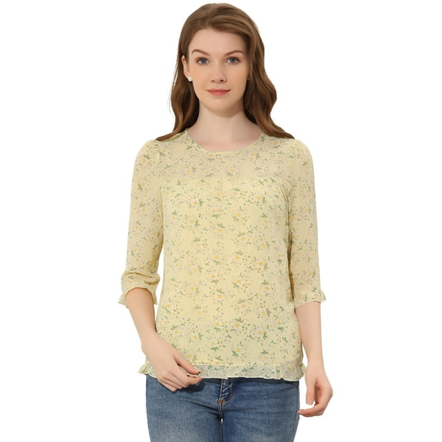INSPIRE CHIC Blouse Fluide en Mousseline à Volants à Manches 3/4 à Imprimé Floral pour Femme 1 TP