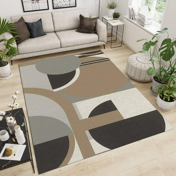 Brown Black Irregular Round Area Rug, Minimalism Geometry Abstract Indoor Non-Slip Rugs, Machine Washable Breathable Durable Carpet For Front Entrance Floor Decor 5x6ft