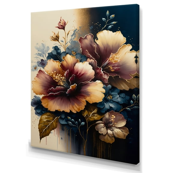 Designart Burgundy And Blue Hibiscus Bunch I Canvas Wall Art