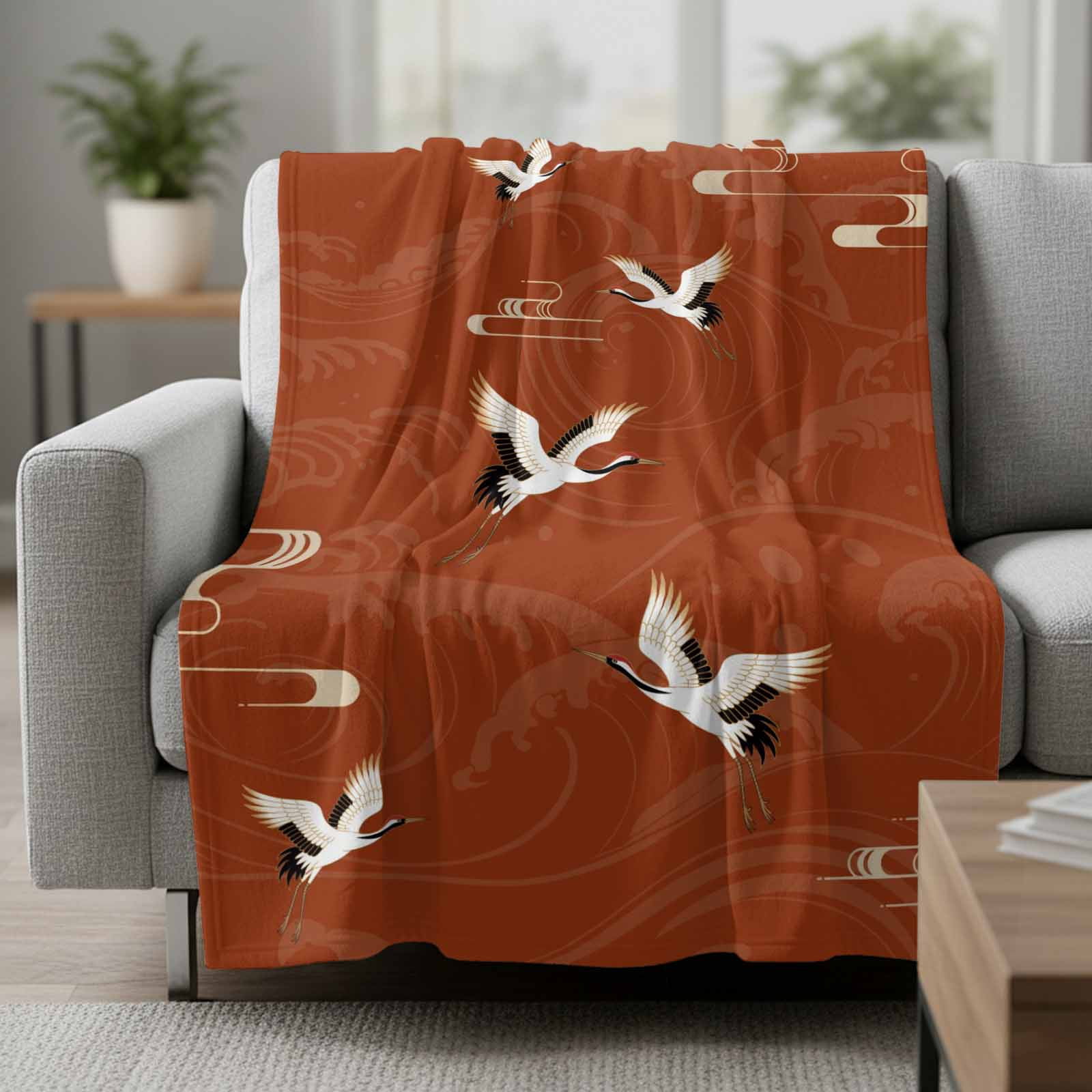 Japanese Style Blanket Soft Cozy Warm Throw Blanket for Couch, Plush Fuzzy Flannel Fleece Blankets for Sofa, Vintage Art Cranes Ocean Wave Red Bed Blankets Lightweight Gifts for Women, 50"x80"