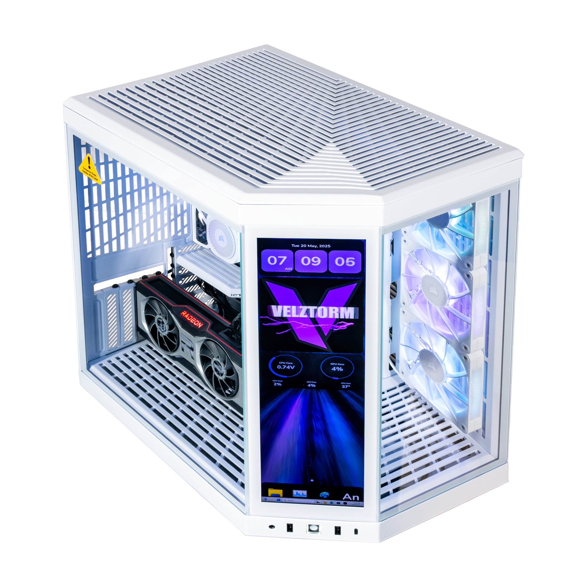 Velztorm LCD Praetix Custom Built Y70 Touch Gaming Desktop PC (Intel i9-14900K, Radeon RX 9070 XT, 32GB DDR5, 2TB PCIe SSD, 360mm AIO, 1000W PSU, WiFi 6, BT 5.2, RJ-45, Win 11 Home)
