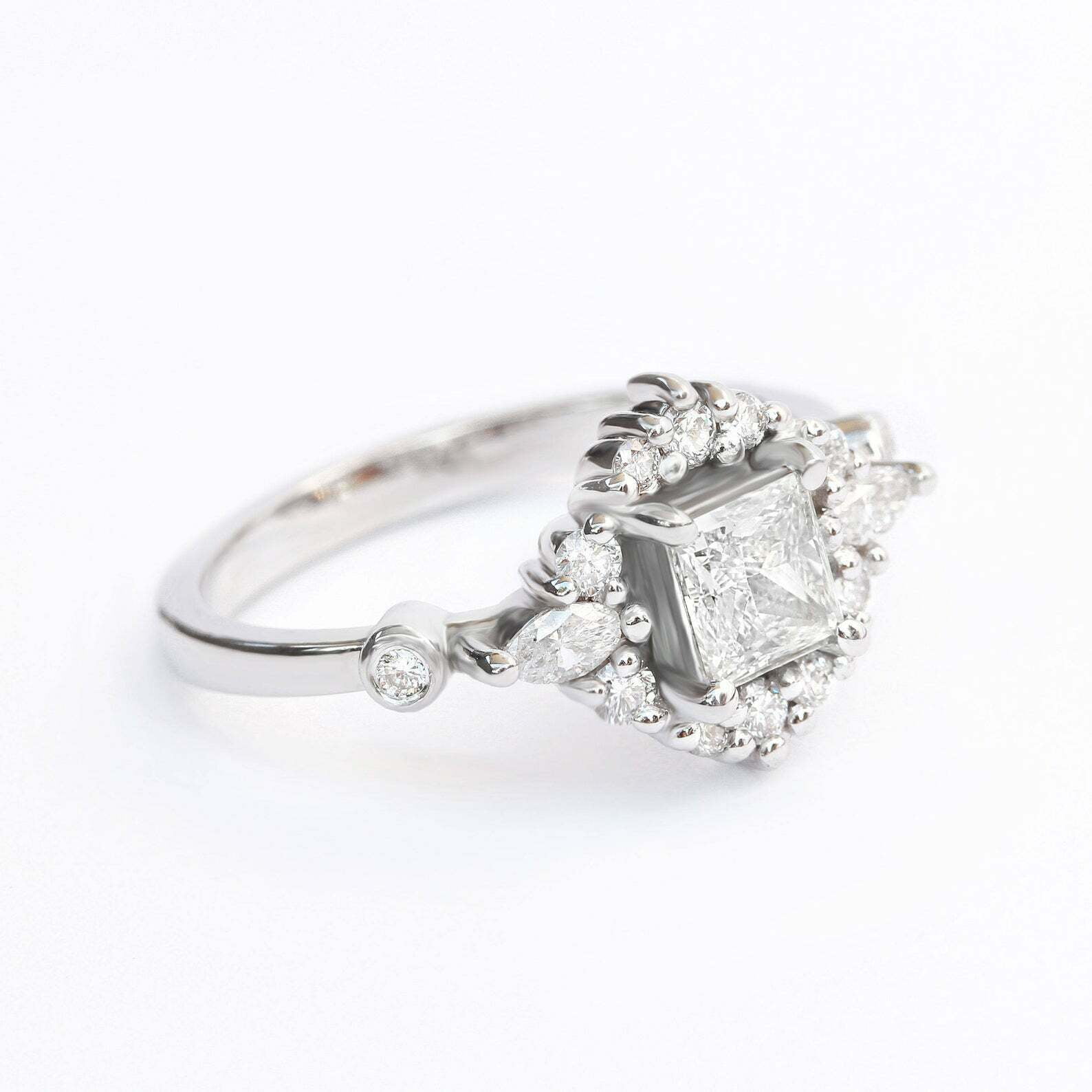 HeartsAndYou 1.5ct Princess Cut Moissanite Engagement Ring for Women Halo Cluster 18k White Gold Over Silver