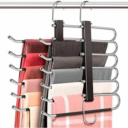 Space Saving 6 Tier Pant Hangers, Anti-Slip, Stainless Steel, 2 Pack, Black