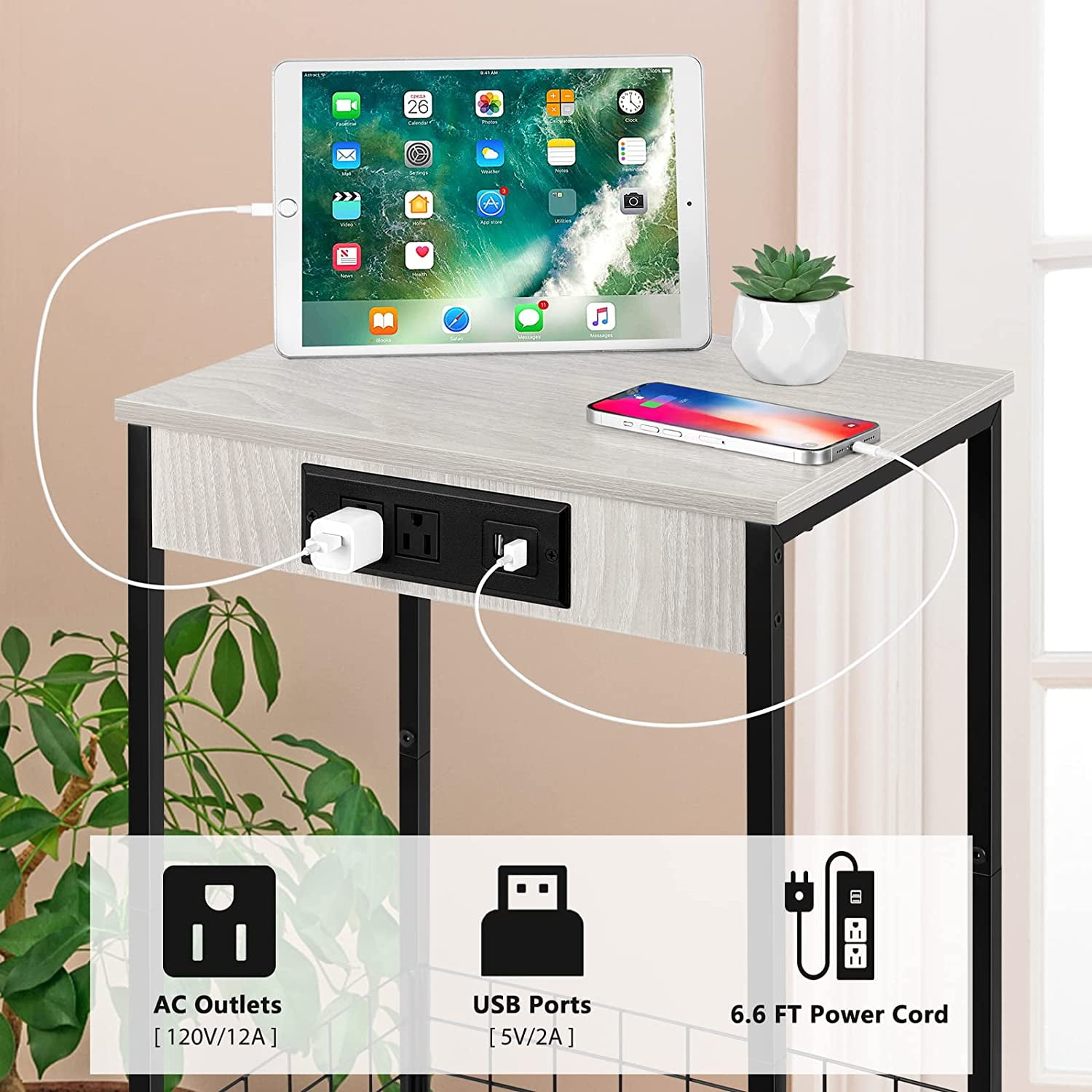 Oumilen Adult 2 Tier Nightstands End Tables with Charging Station and Storage Basket Set of 2, White