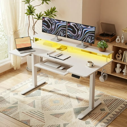 Casacomoda 55 Inch U-Shaped Electric Standing Desk with Power Outlets & LED Lights, Height Adjustable Desk with Keyboard Tray, Sit Stand Table with Monitor Stand for Home, Office, White