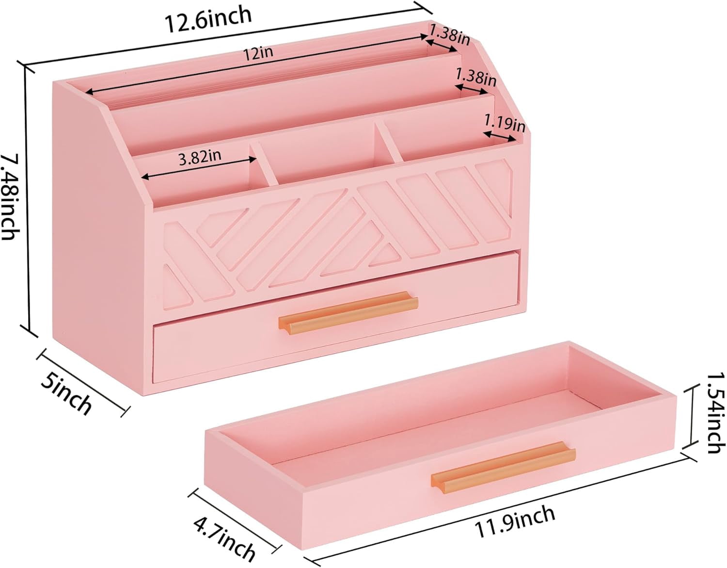 Pink Wood Desk Organizer and Accessories with Drawer, Bill Mail Organizer and File Mail Holder for Office Supplies, Modern Desk Accessories & Workspace Organizers for Desk Organization