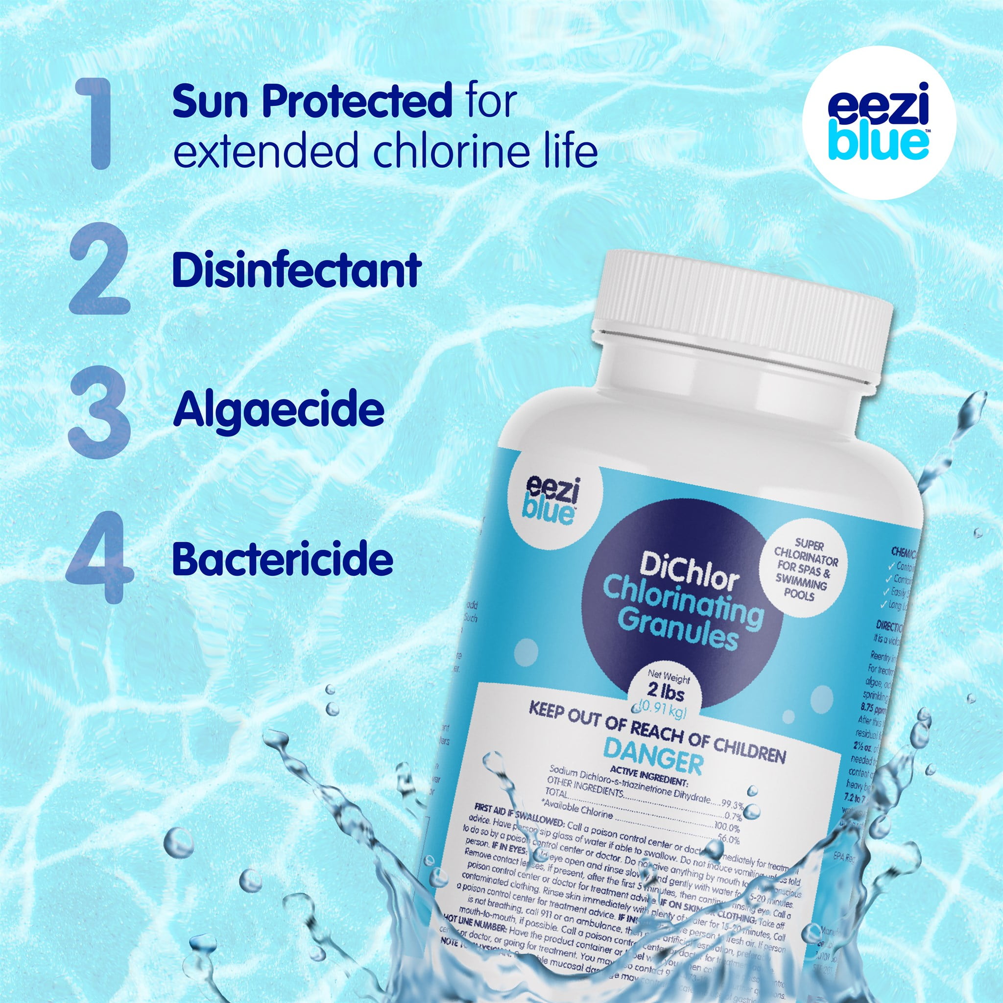 Eeziblue Chlorinating Granules - 2 lbs, Sodium DiChlor Pool Shock, Granular Shock for Hot Tub or Spa