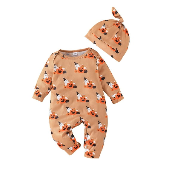 Baby Long Sleeve Rompers 3M 6M 9M 12M 18M Infant Halloween Pumpkin Print Round Neck Bodysuit and Hat Newborn Jumpsuits