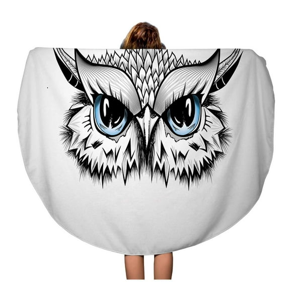 POGLIP 60 inch Round Beach Towel Blanket Blue Creative Owl Head Guardian of The Night Line Travel Circle Circular Towels Mat Tapestry Beach Throw