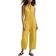 thumbnail image 2 of Cmfcve Wide Leg Jumpsuits for Women Sleeveless Stand Collar Half Button Up Linen Pants Loose Casual Long Overalls with Pockets, 2 of 5