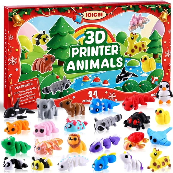 Gomind 24-Piece Christmas Advent Calendar, 3D Printed Mini Animals Toys, Articulated Surprise Figures Holiday Countdown Gifts for Kids