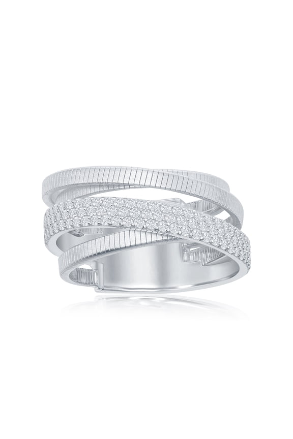 Sterling Silver Italian Designer Bonded Rhodium Double X Cubic Zirconia Matte Ring