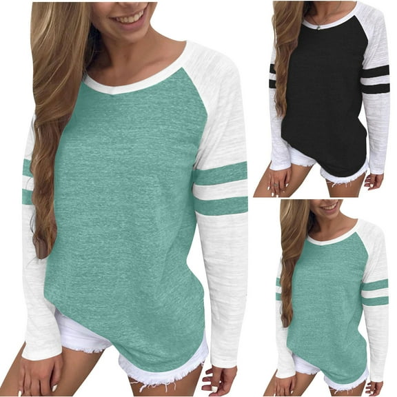Ashirexll Womens Long Sleeve Tops Casual Winter Tops for 3 Color Striped Round Neck Color Block Knit T-Shirt Blouse