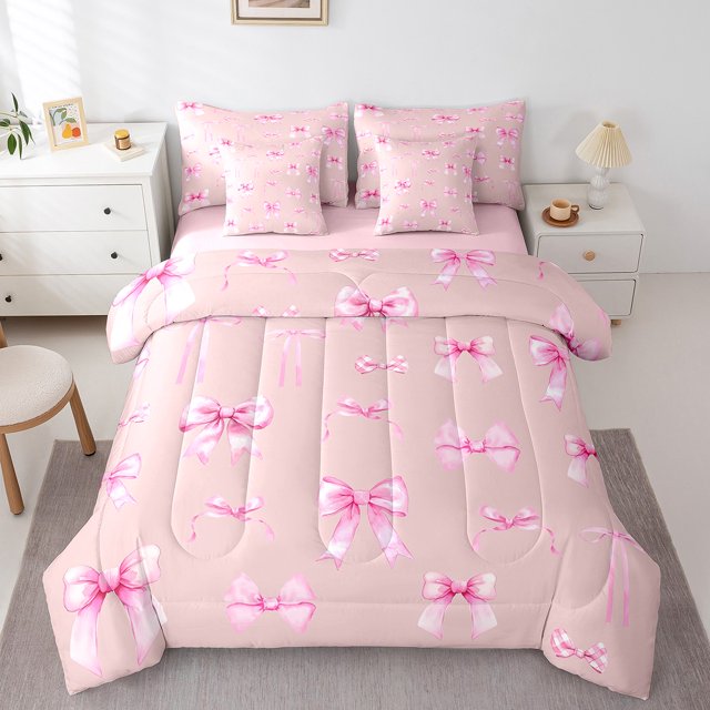 Erosebridal Ensemble de Literie Kawaii avec Nœud, Format Grand Lit, Ensemble de Lit Dessin Animé de Rêve, Filles Ados, Réversible 7 Pcs