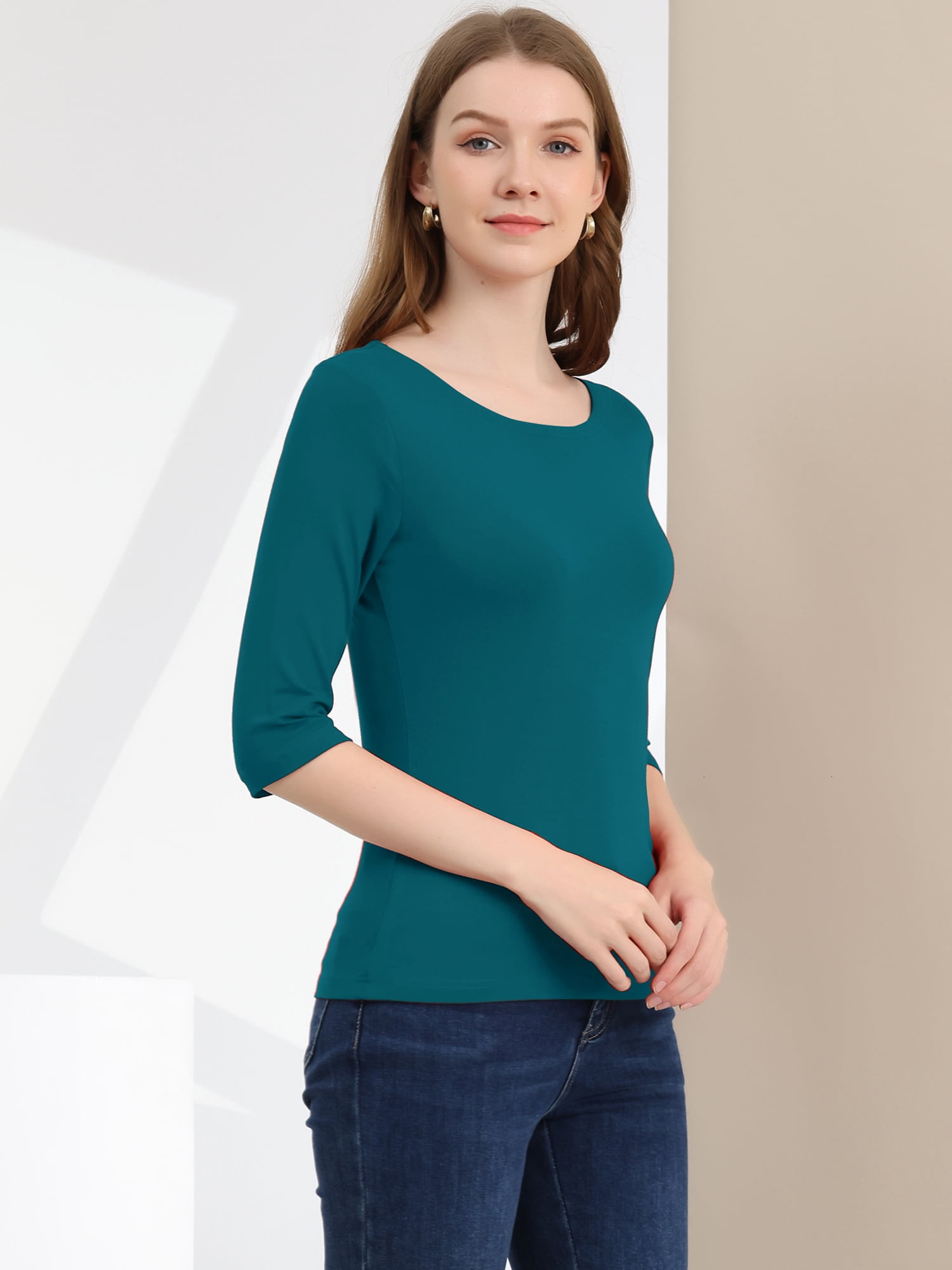 DARING DIVA Women's Elbow Sleeves Boat Neck Slim Fit Classic Tee XS Peacock Blue