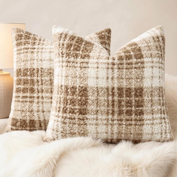 decorUhome 18x18 Inch Pack of 2 Boho Plaid Textured Pillow Covers for Couch Sofa Bedroom, Farmhouse Neutral Pillowcases for Home Decor, Khaki Brown