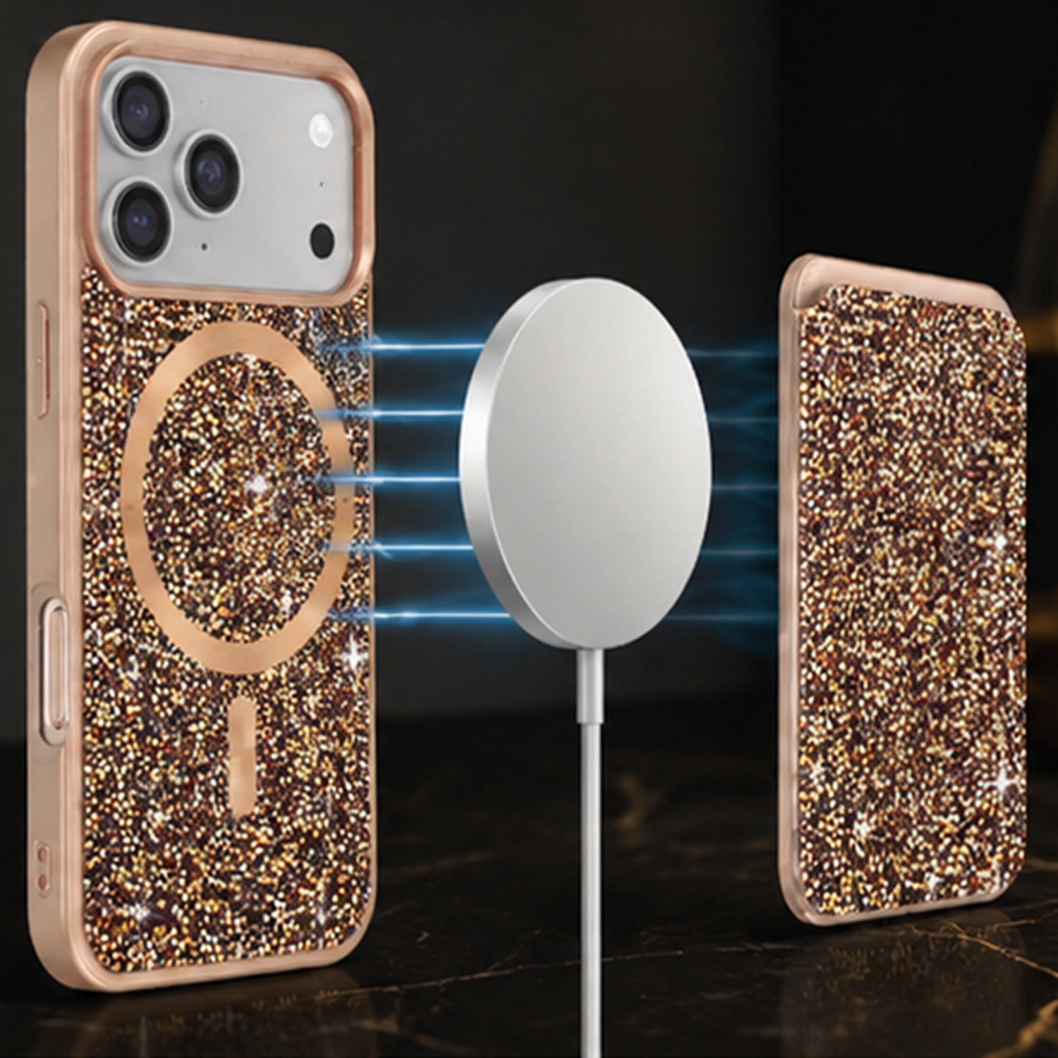 Magnetic Dual-Layer Diamond Protection Case with Wallet Slot for iPhone 17 Pro Max - Gold