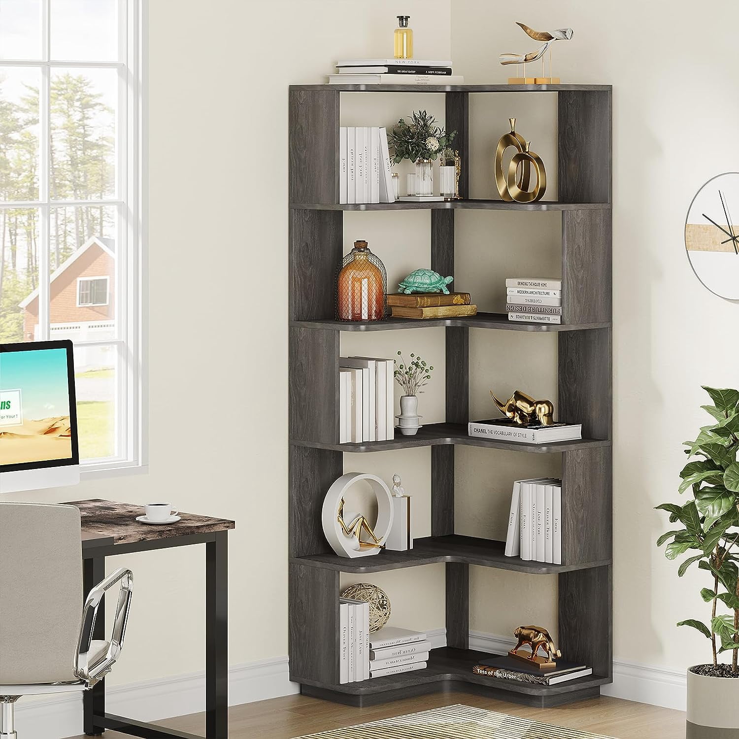 Tribesigns 64.9” 6-Tier Corner Bookshelf – Stylish Tall Storage Rack with Anti-Slip Design for Living Room & Office