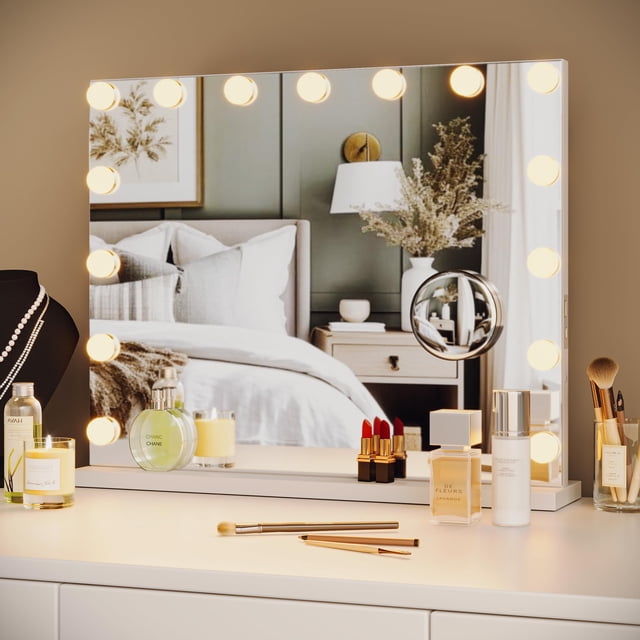 19 Inch Large Round Vanity Mirror with Lights, Round Led Makeup Mirror, Lighted Up Makeup Mirror with Lights for Bedroom Tabletop, Smart Touch Control 3 Colors Dimmable, 360°Rotation (White)