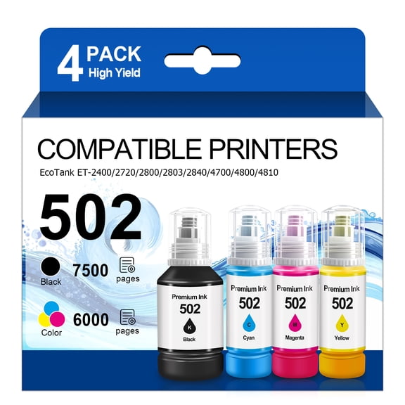 Ink Refill Bottles Compatible for 502 Ink Bottle Fit for Epson ET-2700/2750/3700/3750/4750/15000/ST-2000/3000/4000 Printers，4 Bottle