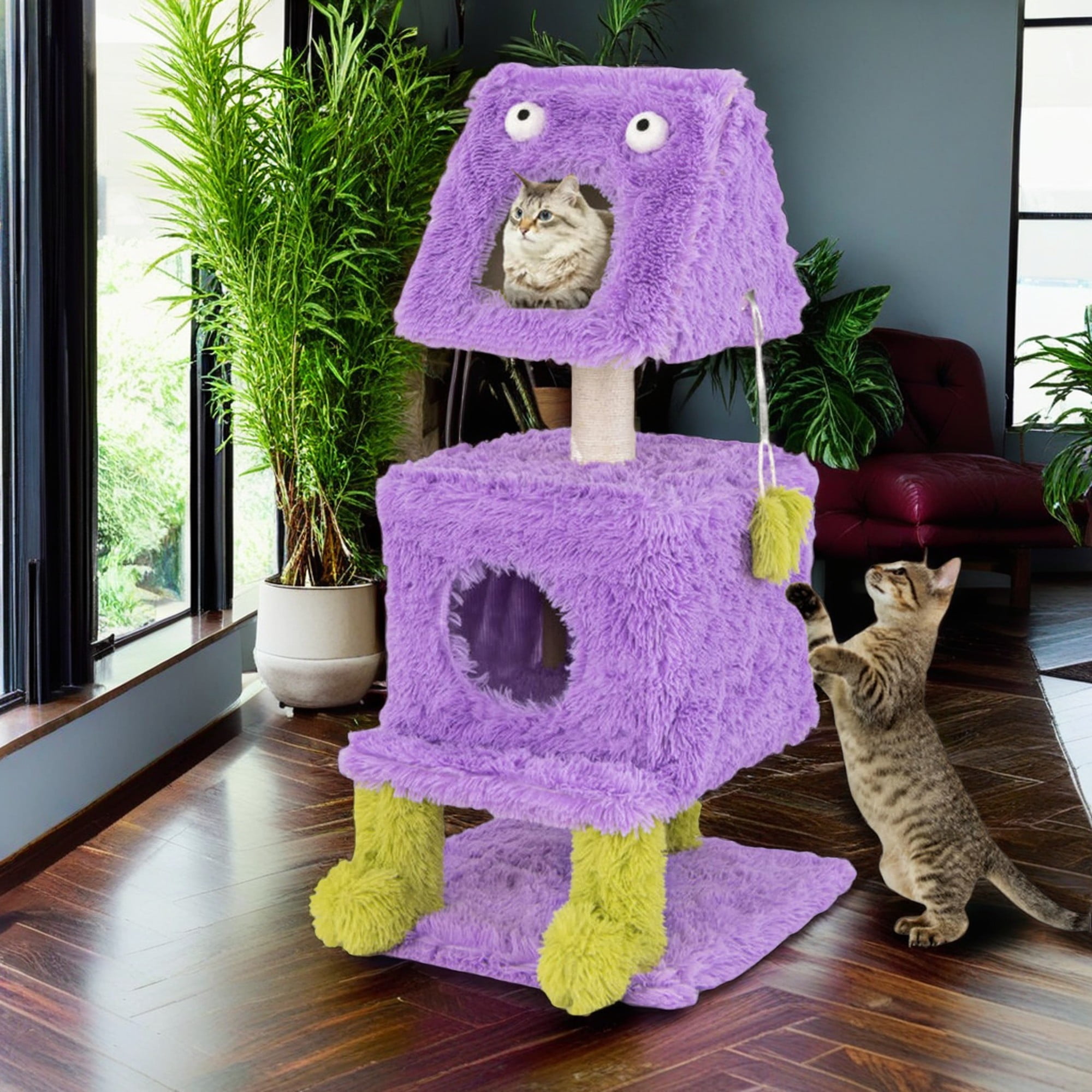 Kadyn 44" Cute Monster-Themed Cat Tree Tower with 2 Private Cat Condos for Small Place, Purple