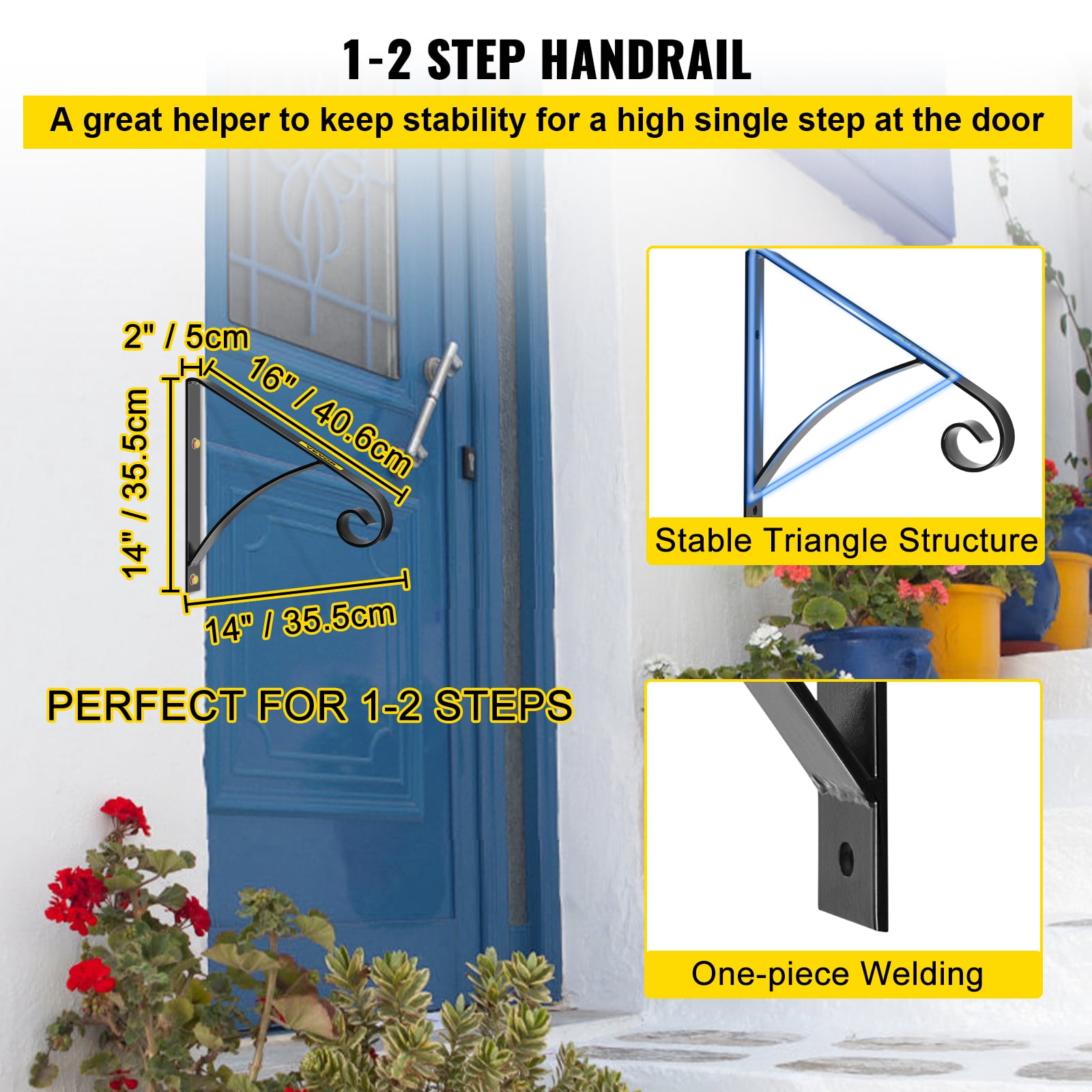 VEVOR 1 or 2 Steps Handrail Single Step Railings, Wall Mounted Metal Wrought Iron Hand Rail Railing, Handrail for Garage, Patio or Front Door Porch Steps