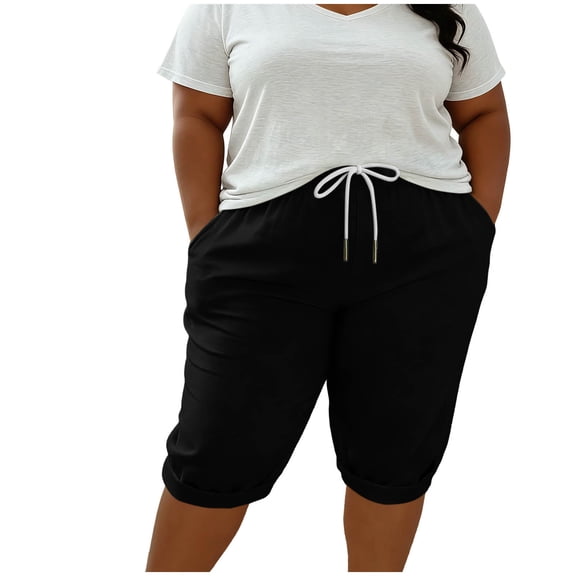 Vynhevius Plus Size Casual Knee Length Capris for Women, Drawstring Elastic Waist Loose Fit Cropped Pants with Pockets