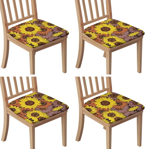 Colorful Sunflower Pattern Seat Covers for Dining Room Chairs Set Of 4,Stretch Printed Washable Chair Seat Cover with Elastic Ties and Button,Removable Waterproof Couch Cushion Covers