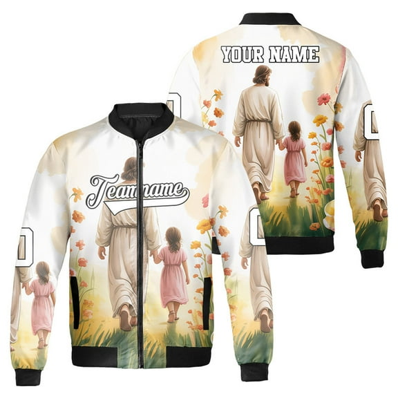 Personalized Jesus Walking The Path With A Little Girl Christian Bomber Jacket - Religious Faith Come Flow Me Jesus – Unisex Spiritual Christmas Jacket