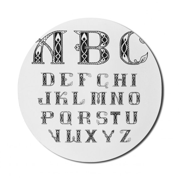 Alphabet Mouse Pad for Computers, Celtic Font of Ornamental Letters A to Z Monochrome Demonstration, Round Non-Slip Thick Rubber Modern Mousepad, 8" Round, Charcoal Grey and White, by Ambesonne