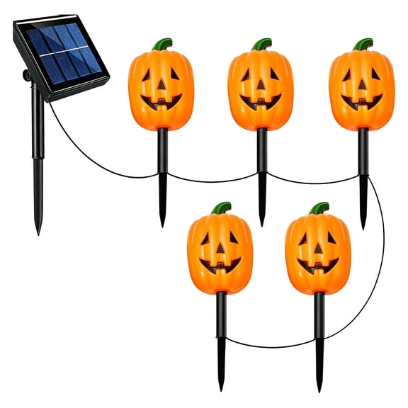 Solar Powered Pumpkin Halloween Garden Stake Lights, 5âPack JackâOâLantern Outdoor Pathway Lights, Solar Halloween Decor for Yard Porch Walkway