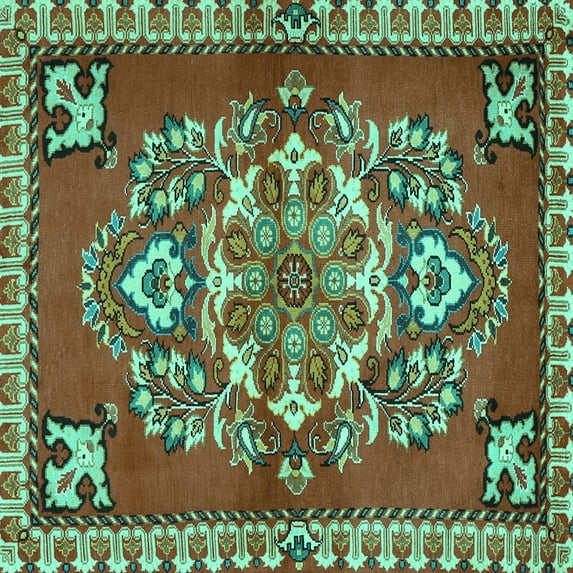 Ahgly Company Machine Washable Indoor Square Persian Turquoise Blue Traditional Area Rugs, 4' Square