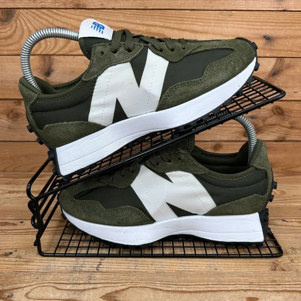 New Balance 327 Trainers Mens Size UK 4 Olive Green White Suede Casual Shoes NB