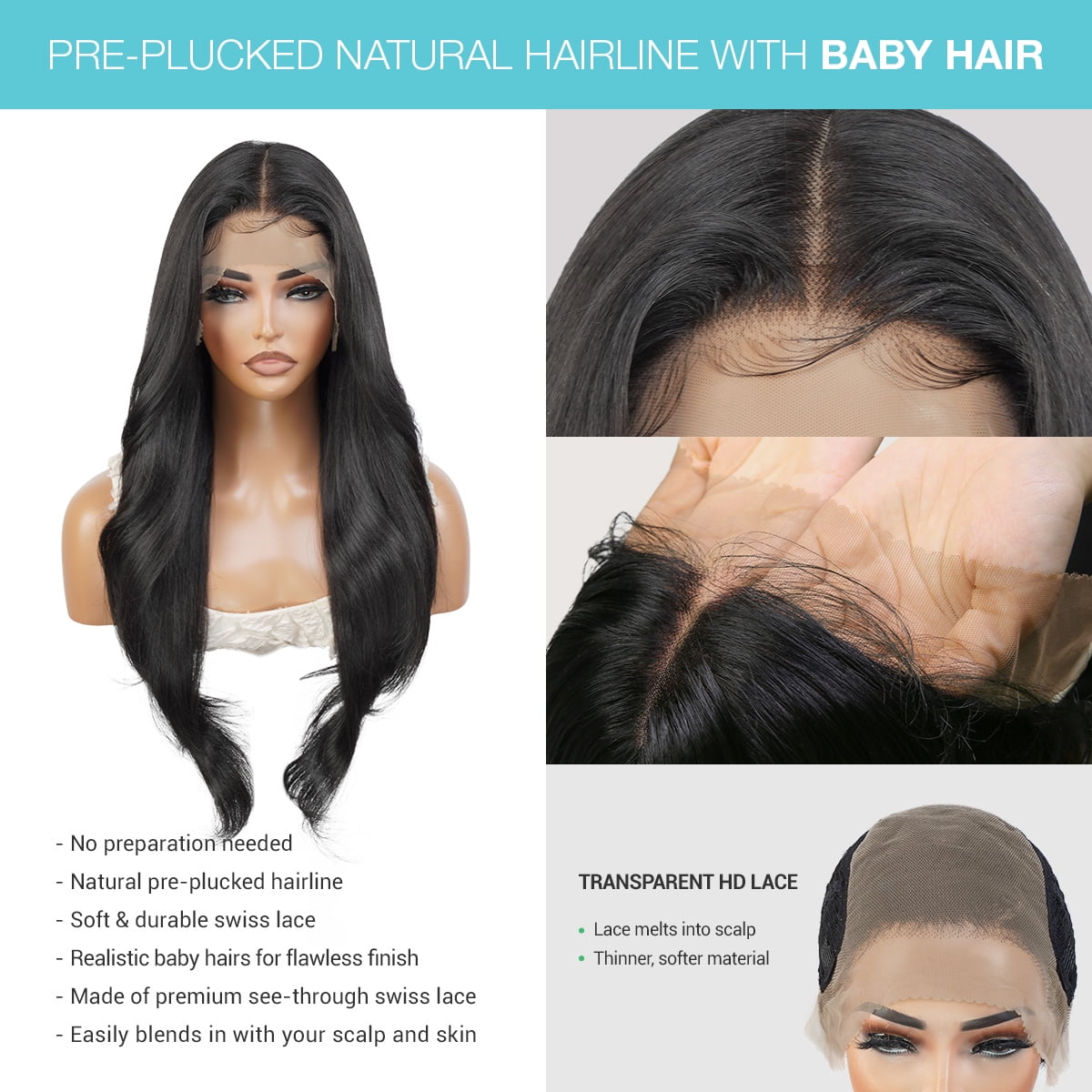 GLAM21USA HD LACE Front Wig 13X6 Deep Transparent Lace Frontal Wigs 28 Inch Human Hair Blend Pre Plucked Swiss Lace Long Heat Friendly Synthetic Wig - Tastee (1B-OFFBLACK)